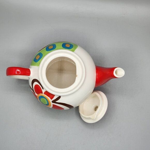 Hues N Brews Floral Teapot Red White Brown Retro 20 oz  MCM Color Coordinates - Picture 6 of 10